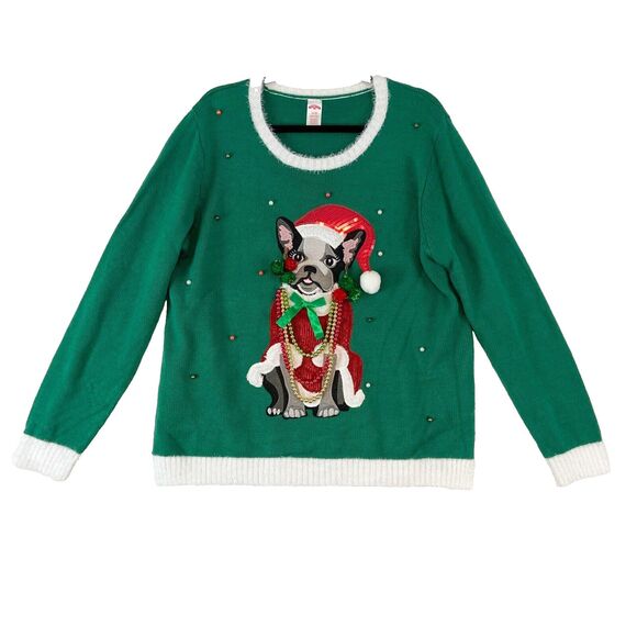 Holiday Time Ugly Christmas Sweater Women XL Green French Bulldog Festive Funny - Picture 1 of 5